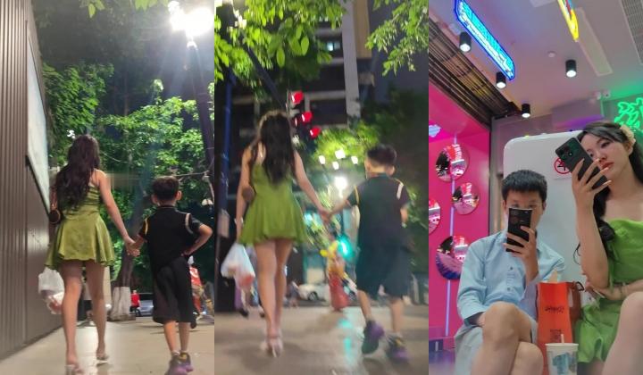 尾随偷拍 绿色吊带连衣裙极品少妇性感灰色窄内清纯脸蛋穿的这么骚反差真是太大了