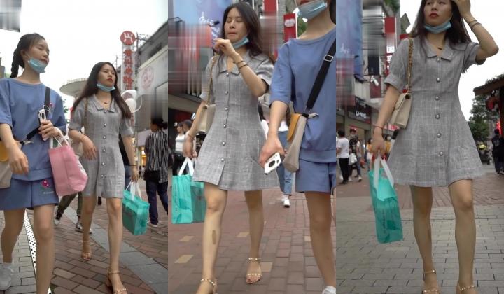 YC商场系列：捂着裙子上楼梯长发美妞蕾丝蓝内夹进腚沟前面透毛