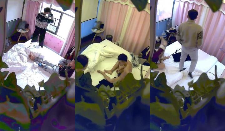 高校附近情趣酒店近视角荧幕主题房偷拍眼镜学妹初尝性爱表情疼苦男友小心擦逼看看有没有见红